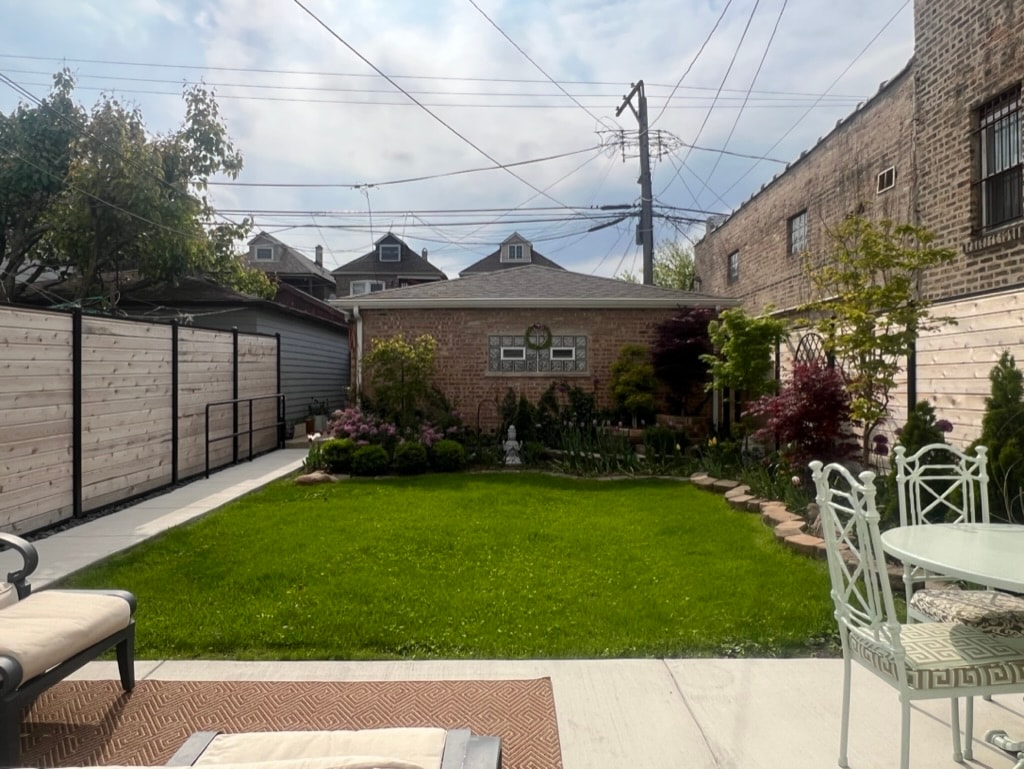 Backyard with lush lawn and garden borders
